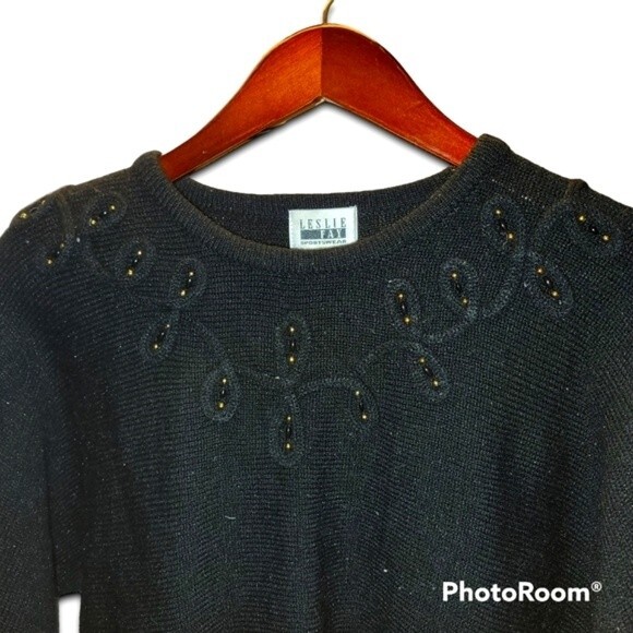 Vintage Leslie Fay Sportswear 80s Black Over Head Sweater Gold Detail M Medium - Picture 1 of 4